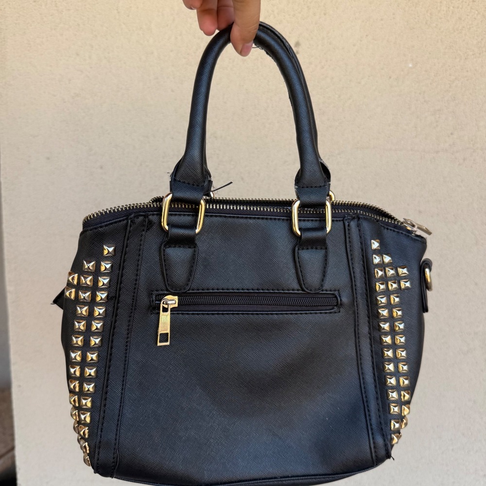 Unbranded Black Studded Satchel Handbag Gold Pyramid Studs Zebra Lining Rocker